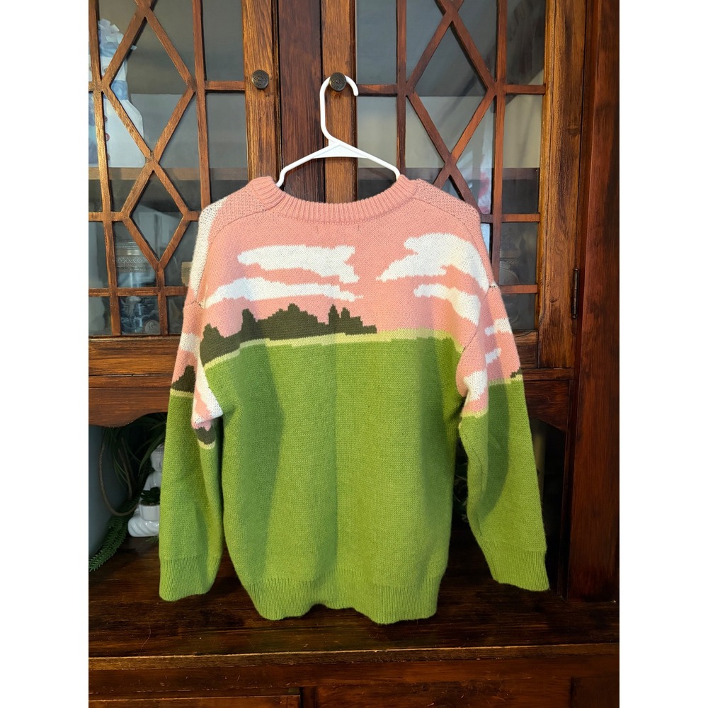 Aelfric Eden Sheep Pastoral Landscape Knit Sweater Green Pink Size Medium - Picture 2 of 5